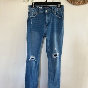 Sweet Look Women's Blue Boot Cut Denim Jeans, Distressed, Button Accent, Juniors